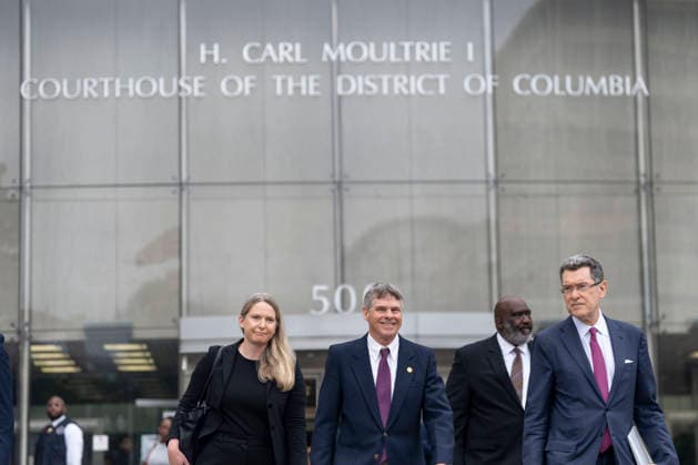 Olympic canoeist David Hearn departs the Moultrie Courthouse with his lawyers, Norm Eisen and Mary Dohrmann, after pleading not guilty to damaging the Lincoln Memorial Reflecting Pool in Washington, DC on Thursday, June 9, 2026. Hearn was indicted on July 2 on one count of destruction of property of more than $1,000 for allegedly damaging the Reflecting Pool, carrying a maximum pentyl of 10 years in prison if convicted.  WAP20260709307 BONNIExCASH