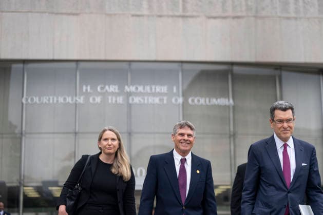 Olympic canoeist David Hearn departs the Moultrie Courthouse with his lawyers, Norm Eisen and Mary Dohrmann, after pleading not guilty to damaging the Lincoln Memorial Reflecting Pool in Washington, DC on Thursday, June 9, 2026. Hearn was indicted on July 2 on one count of destruction of property of more than $1,000 for allegedly damaging the Reflecting Pool, carrying a maximum pentyl of 10 years in prison if convicted.  WAP20260709310 BONNIExCASH
