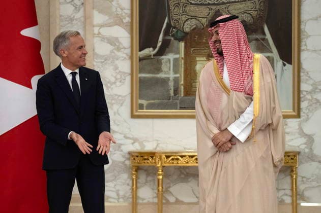 July 9, 2026, Jeddah, Saudi Arabia: Prime Minister Mark Carney, left, speaks with Saudi Arabia s Crown Prince Mohammed bin Salman as they wait for a signing ceremony to begin at the Royal Palace in Jeddah, Saudi Arabia, Thursday, July 9, 2026. Jeddah Saudi Arabia  - ZUMAc35_ 20260709_zaf_c35_008 Copyright: xAdrianxWyldx