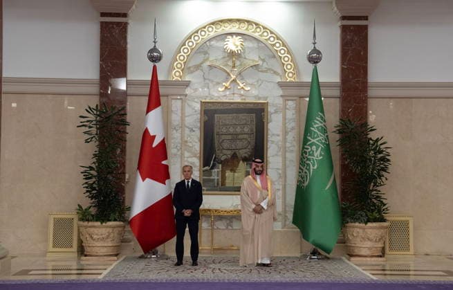 July 9, 2026, Jeddah, Saudi Arabia: Prime Minister Mark Carney, left, waits with Saudi Arabia s Crown Prince Mohammed bin Salman for a signing ceremony to begin at the Royal Palace in Jeddah, Saudi Arabia, Thursday, July 9, 2026. Jeddah Saudi Arabia  - ZUMAc35_ 20260709_zaf_c35_010 Copyright: xAdrianxWyldx