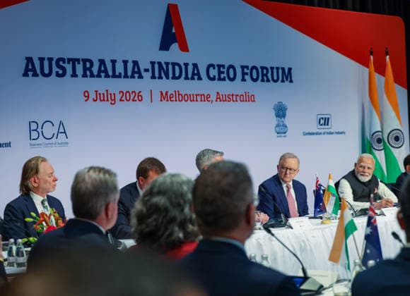 RECORD DATE NOT STATED PM Modi participates in India-Australia CEO Forum in Melbourne Melbourne Australia , Jul 09 (ANI): Prime Minister Narendra Modi participates in the India-Australia CEO Forum, in Melbourne on Thursday. Australian Prime Minister Anthony Albanese also present. (Narendra Modi Photo Gallery ANI Photo) Melbourne Australia Copyright: xANIx ANI_20260709009