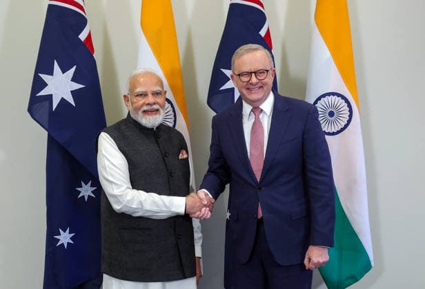 RECORD DATE NOT STATED PM Modi meets Australian Prime Minister Anthony Albanese in Melbourne Melbourne Australia , Jul 09 (ANI): Prime Minister Narendra Modi meets Australian Prime Minister Anthony Albanese on the sidelines of the India-Australia CEO Forum, in Melbourne, Australia on Thursday. (Narendra Modi Photo Gallery ANI Photo) Melbourne Australia Copyright: xANIx ANI_20260709014