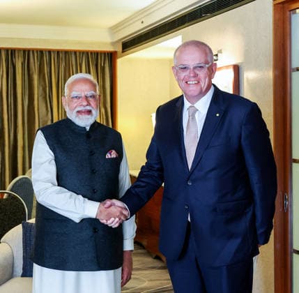 RECORD DATE NOT STATED PM Modi shakes hands with former Australian PM Scott Morrison in Melbourne Melbourne Australia , Jul 09 (ANI): Prime Minister Narendra Modi shakes hands with former Australian Prime Minister Scott Morrison, in Melbourne on Thursday. (Narendra Modi Photo Gallery ANI Photo) Melbourne Australia Copyright: xANIx ANI_20260709016