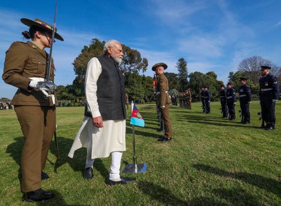 RECORD DATE NOT STATED PM Modi inspects Guard of Honour during ceremonial welcome in Melbourne Melbourne Australia , Jul 09 (ANI): Prime Minister Narendra Modi inspects Guard of Honour during a ceremonial welcome upon his arrival at the official residence of Victoria Governor Margaret Gardner AC, in Melbourne on Thursday. (Narendra Modi Photo Gallery ANI Photo) Melbourne Australia Copyright: xANIx ANI_20260709028