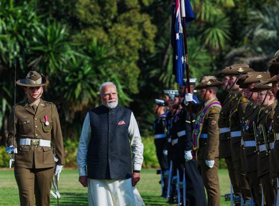 RECORD DATE NOT STATED PM Modi receives a grand ceremonial welcome, in Melbourne Melbourne Australia , Jul 09 (ANI): Prime Minister Narendra Modi receives a grand ceremonial welcome on his arrival at the official residence of Victoria Governor Margaret Gardner AC, in Melbourne on Thursday. (Narendra Modi Photo Gallery ANI Photo) Melbourne Australia Copyright: xANIx ANI_20260709037