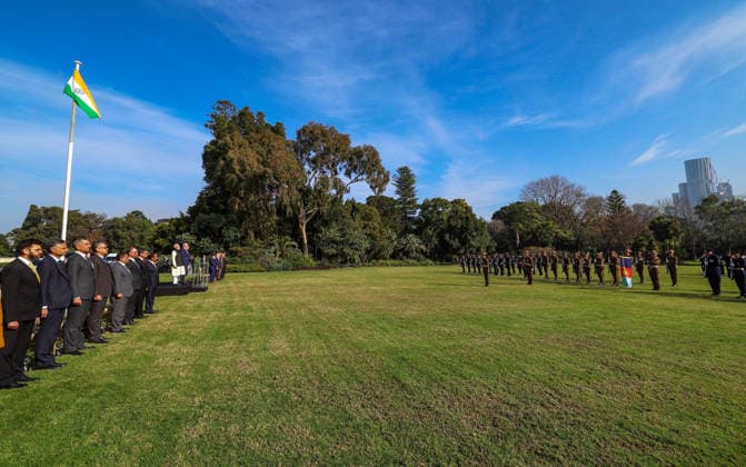 RECORD DATE NOT STATED PM Modi inspects Guard of Honour during ceremonial welcome in Melbourne Melbourne Australia , Jul 09 (ANI): Prime Minister Narendra Modi inspects the Guard of Honour during a ceremonial welcome on his arrival at the official residence of Victoria Governor Margaret Gardner AC, in Melbourne on Thursday. Governor of Victoria Margaret Gardner AC and Australian Prime Minister Anthony Albanese are also present. (Narendra Modi Photo Gallery ANI Photo) Melbourne Australia Copyright: xANIx ANI_20260709045