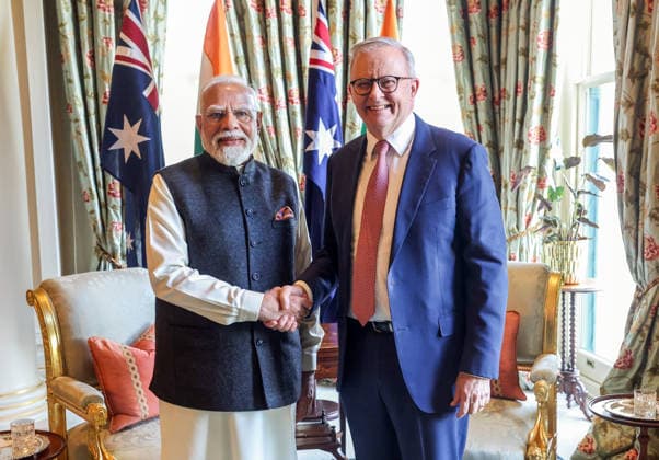 RECORD DATE NOT STATED PM Modi meets his Australian Counterpart Anthony Albanese in Melbourne Melbourne Australia , Jul 09 (ANI): Prime Minister Narendra Modi and Australian Prime Minister Anthony Albanese exchange a handshake, in Melbourne on Thursday. (Narendra Modi Photo Gallery ANI Photo) Melbourne Victoria Australia Copyright: xANIx ANI_20260709062