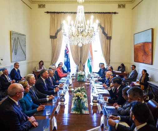 RECORD DATE NOT STATED PM Modi meets his Australian Counterpart Anthony Albanese in Melbourne Melbourne Australia , Jul 09 (ANI): Prime Minister Narendra Modi and Australian Prime Minister Anthony Albanese in a delegation-level meeting, in Melbourne on Thursday. (@narendramodi X ANI Photo) Melbourne Victoria Australia Copyright: xANIx ANI_20260709074