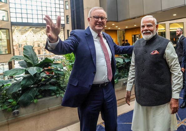 RECORD DATE NOT STATED PM Modi meets his Australian Counterpart Anthony Albanese in Melbourne Melbourne Australia , Jul 09 (ANI): Prime Minister Narendra Modi and Australian Prime Minister Anthony Albanese interact, in Melbourne on Thursday. (@narendramodi X ANI Photo) Melbourne Victoria Australia Copyright: xANIx ANI_20260709078