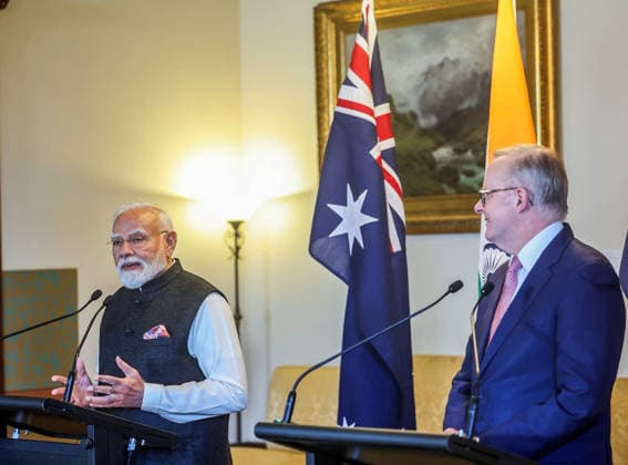 RECORD DATE NOT STATED PM Modi & Australian Counterpart Anthony Albanese in a Joint Press Conference in Melbourne Melbourne Australia , Jul 09 (ANI): Prime Minister Narendra Modi, along with Australian Prime Minister Anthony Albanese, speaks during a joint press conference, in Melbourne on Thursday. (@narendramodi X ANI Photo) Melbourne Victoria Australia Copyright: xANIx ANI_20260709079
