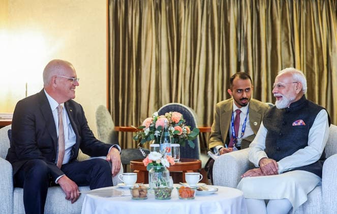 RECORD DATE NOT STATED PM Modi Meets Former Australian PM Scott Morrison in Melbourne Melbourne Australia , Jul 09 (ANI): Prime Minister Narendra Modi and former Australian Prime Minister Scott Morrison interact, in Melbourne on Thursday. (@narendramodi X ANI Photo) Melbourne Victoria Australia Copyright: xANIx ANI_20260709095