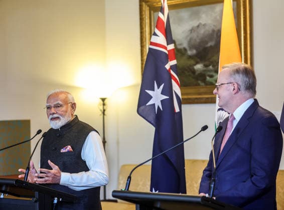 RECORD DATE NOT STATED PM Modi and Australian Prime Minister Anthony Albanese, during the joint press meet Melbourne, Jul 09 (ANI): Prime Minister Narendra Modi and Australian Prime Minister Anthony Albanese, during the joint press meet, in Melbourne on Thursday. (DPR PMO ANI Photo) Melbourne Australia Copyright: xANIx ANI_20260709113