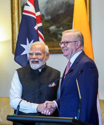 RECORD DATE NOT STATED PM Modi and Australian Prime Minister Anthony Albanese during the joint press meet Melbourne, Jul 09 (ANI): Prime Minister Narendra Modi and Australian Prime Minister Anthony Albanese during the joint press meet, in Melbourne on Thursday. (DPR PMO ANI Photo) Melbourne Australia Copyright: xANIx ANI_20260709120
