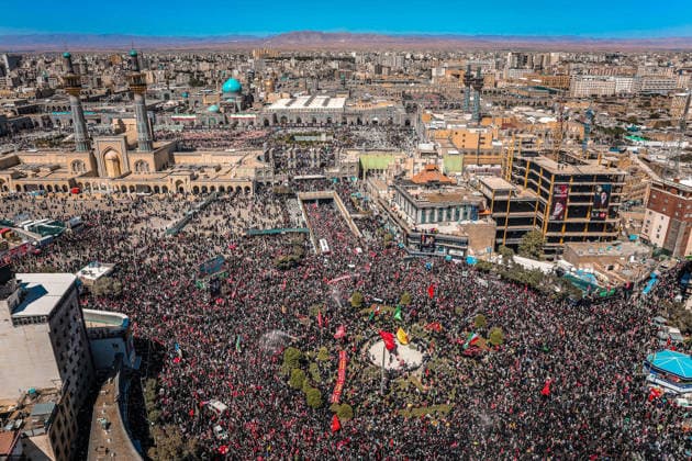 July 9, 2026, Mashhad, Razavi Khorasan, Iran: An aerial view shows crowds of mourners attending a funeral procession for Iran s slain supreme leader Ali Khamenei and members of his family, before he is buried at the Shrine of Imam Reza, Iran s most revered place of worship, in Mashhad on July 9, 2026. Braving sweltering heat and calling for revenge, Iranians loyal to the Islamic Republic massed on July 9 for the burial of slain supreme leader Ali Khamenei in his hometown of Mashhad. Khamenei will be buried in his hometown of Mashhad, home to the shrine of Imam Reza, Iran s holiest Shia Muslim site, following several days of ceremonies and processions across the country. Mashhad Iran - ZUMAi98_ 20260709_zih_i98_004 Copyright: xIranianxSupremexLeader SxOfficex