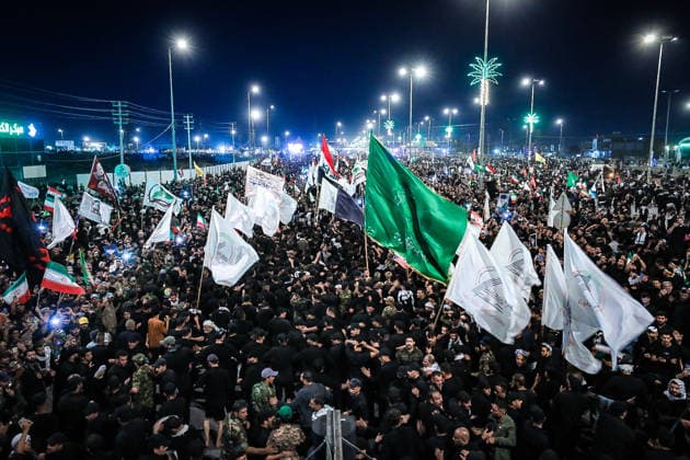 July 9, 2026, Karbala, Iraq: Mourners take part in the funeral procession for Iran s late supreme leader Ayatollah Ali Khamenei at the Imam Hussein Shrine in Karbala early on July 9, 2026. Iranians were preparing on July 9 to bury their slain leader Ali Khamenei in his hometown of Mashhad in northeast Iran, as new US strikes threatened to trigger a fresh escalation in the Middle East war. The late leader s burial follows a multi-day funeral ceremony that attracted millions of mourners across various cities in both Iran and Iraq. Karbala Iraq - ZUMAi98_ 20260709_zih_i98_044 Copyright: xIranianxSupremexLeader SxOfficex
