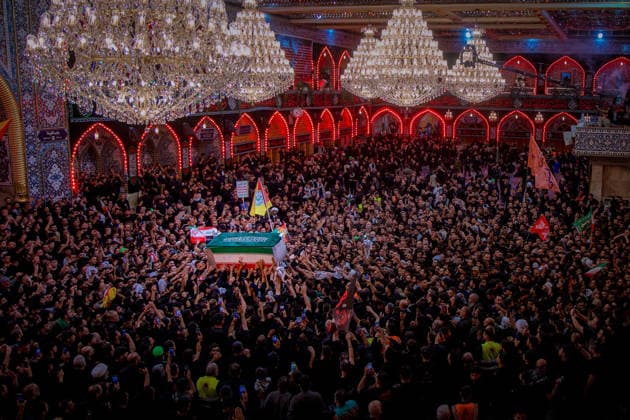 July 9, 2026, Karbala, Iraq: Mourners carry the coffin of Iran s late supreme leader Ayatollah Ali Khamenei as they take part in the funeral procession at the Imam Hussein Shrine in Karbala early on July 9, 2026. Iranians were preparing on July 9 to bury their slain leader Ali Khamenei in his hometown of Mashhad in northeast Iran, as new US strikes threatened to trigger a fresh escalation in the Middle East war. The late leader s burial follows a multi-day funeral ceremony that attracted millions of mourners across various cities in both Iran and Iraq. Karbala Iraq - ZUMAi98_ 20260709_zih_i98_061 Copyright: xIranianxSupremexLeader SxOfficex