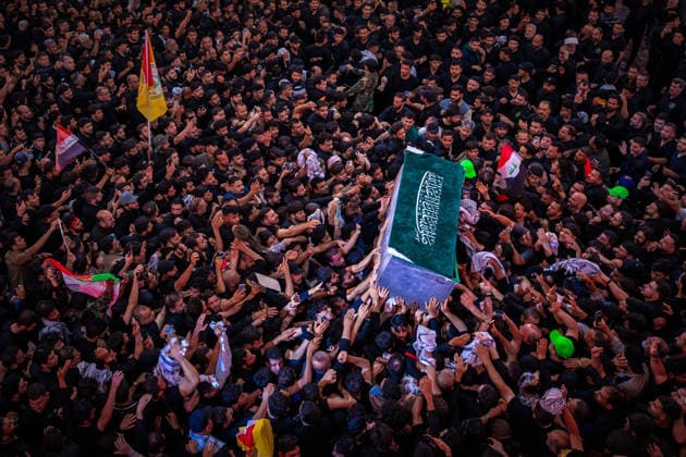 July 9, 2026, Karbala, Iraq: Mourners carry the coffin of Iran s late supreme leader Ayatollah Ali Khamenei as they take part in the funeral procession at the Imam Hussein Shrine in Karbala early on July 9, 2026. Iranians were preparing on July 9 to bury their slain leader Ali Khamenei in his hometown of Mashhad in northeast Iran, as new US strikes threatened to trigger a fresh escalation in the Middle East war. The late leader s burial follows a multi-day funeral ceremony that attracted millions of mourners across various cities in both Iran and Iraq. Karbala Iraq - ZUMAi98_ 20260709_zih_i98_064 Copyright: xIranianxSupremexLeader SxOfficex