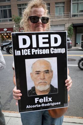 July 9, 2026, New York, New York, USA: A protester holds a sign that reads DIED in ICE Prison Camp Felix Alcorta-Rodriguez with his picture at Rise and Resist s weekly vigil for those impacted by President Trump s immigrant detention and mass deportation policies, held outside the immigration courts, Department of Homeland Security and ICE offices at 26 Federal Plaza in Lower Manhattan. The demonstration takes place days after the death of L. Salgado Araujo who was shot and killed by U.S. Immigration and Customs Enforcement (ICE) in Houston during a targeted enforcement operation. New York USA  - ZUMAr174 20260709_znp_r174_002 Copyright: xGinaxMxRandazzox