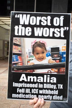 July 9, 2026, New York, New York, USA: A protester holds a sign that reads Worst of the worst Amalia Imprisoned in Dilley, TX Fell ill, ICE withheld medicaiton nearly died with her picture at Rise and Resist s weekly vigil for those impacted by President Trump s immigrant detention and mass deportation policies, held outside the immigration courts, Department of Homeland Security and ICE offices at 26 Federal Plaza in Lower Manhattan. The demonstration takes place days after the death of L. Salgado Araujo who was shot and killed by U.S. Immigration and Customs Enforcement (ICE) in Houston during a targeted enforcement operation. New York USA  - ZUMAr174 20260709_znp_r174_008 Copyright: xGinaxMxRandazzox