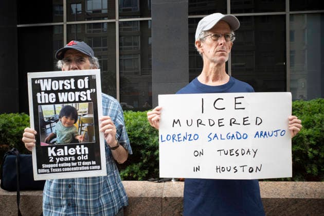 July 9, 2026, New York, New York, USA: Protesters hold signs that read Worst of the worst Kaleth 2 years old Stopped eating for 12 days in Dilley, Texas concentration camp with his picture ICE MURDERED LORENZO SALGADO ARAUJO ON TUESDAY IN HOUSTON at Rise and Resist s weekly vigil for those impacted by President Trump s immigrant detention and mass deportation policies, held outside the immigration courts, Department of Homeland Security and ICE offices at 26 Federal Plaza in Lower Manhattan. The demonstration takes place days after the death of L. Salgado Araujo who was shot and killed by U.S. Immigration and Customs Enforcement (ICE) in Houston during a targeted enforcement operation. New York USA  - ZUMAr174 20260709_znp_r174_014 Copyright: xGinaxMxRandazzox
