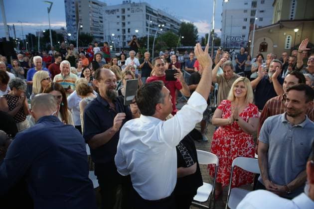 Alexis Tsipras Attends ELAS Public Gathering in Peristeri PERISTERI, GREECE JULY 9, 2026: Former Greek Prime Minister Alexis Tsipras attends a public gathering organized by his newly formed political party, ELAS (Greek Left Coalition), in Peristeri, Greece, July 9, 2026. The event was part of a series titled Now We Talk, which citizens were invited to share the everyday challenges and concerns affecting their lives. Athens Greece Copyright: x xHarrisxXanthopoulosx xJNAxPressx