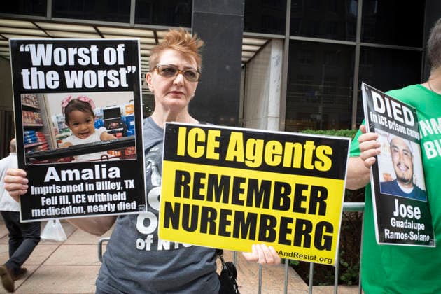 July 9, 2026, New York, New York, USA: Protesters hold signs that read Worst of the worst Amalia Imprisoned in Dilley, TX Fell ill, ICE withheld medicaiton nearly died with her picture ICE Agents REMEMBER NUREMBERG DIED in ICE prison camp Jose Guadalupe Ramos-Solano with his picture at Rise and Resist s weekly vigil for those impacted by President Trump s immigrant detention and mass deportation policies, held outside the immigration courts, Department of Homeland Security and ICE offices at 26 Federal Plaza in Lower Manhattan. The demonstration takes place days after the death of L. Salgado Araujo who was shot and killed by U.S. Immigration and Customs Enforcement (ICE) in Houston during a targeted enforcement operation. New York US  - ZUMAr174 20260709_znp_r174_021 Copyright: xGinaxMxRandazzox