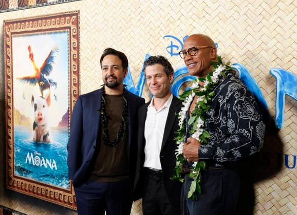 Lin-Manuel Miranda, Thomas Kail and Dwayne Johnson arrive on the red carpet for Disney s Moana New York Screening at United Palace Theater on Thursday, July 9, 2026 in New York City.  NYP20260709106 JOHNxANGELILLO