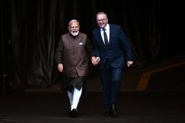 NARENDRA MODI AUSTRALIA VISIT, Indian Prime Minister Narendra Modi (left) and Australian Prime Minister Anthony Albanese arrive during a visit to the Melbourne Cricket Ground in Melbourne, Friday, July 10, 2026. ( NO ARCHIVING MELBOURNE VICTORIA AUSTRALIA  Copyright: xJOELxCARRETTx 20260710176001068047