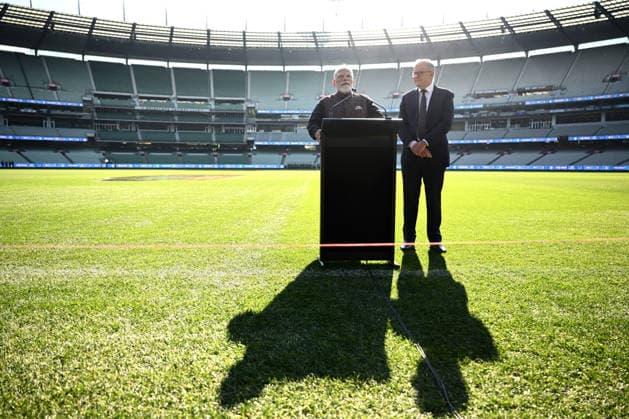 NARENDRA MODI AUSTRALIA VISIT, Indian Prime Minister Narendra Modi and Australian Prime Minister Anthony Albanese speak during a visit to the Melbourne Cricket Ground in Melbourne, Friday, July 10, 2026. ( NO ARCHIVING MELBOURNE VICTORIA AUSTRALIA  Copyright: xJOELxCARRETTx 20260710158659408604