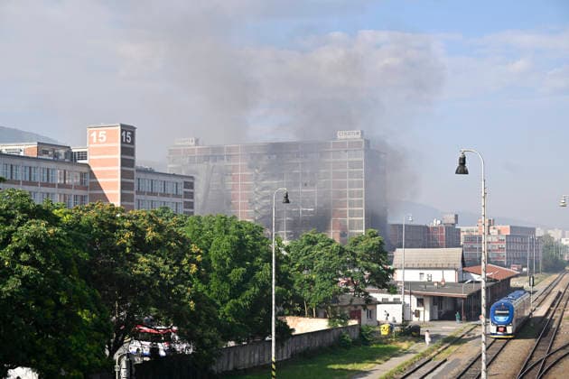 The situation following a fire at Building No. 34, an 11-story structure in the former Bata factory complex, on July 10, 2026, in Zlin, Czech Republic. A high-rise building in a former Bata shoe factory complex has been on fire on July 9, nobody was injured, but the property damage will be significant, as the building housed both warehouses and offices. (CTKxPhoto DaliborxGluck) CTKPhotoP2026071002381  CTKPhotoP2026071002381