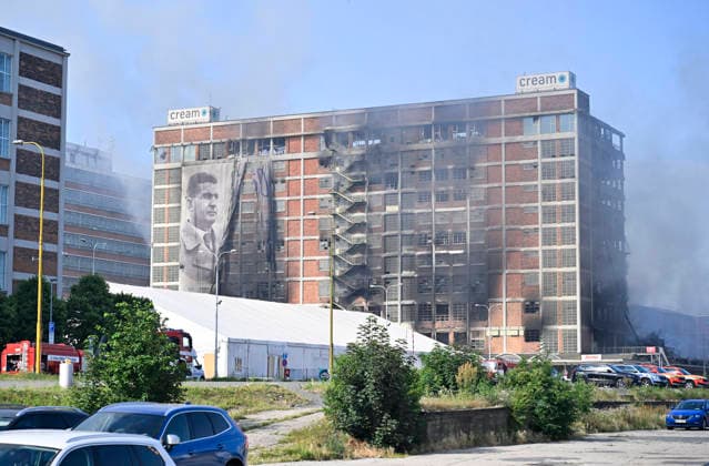The situation following a fire at Building No. 34, an 11-story structure in the former Bata factory complex, on July 10, 2026, in Zlin, Czech Republic. A high-rise building in a former Bata shoe factory complex has been on fire on July 9, nobody was injured, but the property damage will be significant, as the building housed both warehouses and offices. (CTKxPhoto DaliborxGluck) CTKPhotoP2026071002413  CTKPhotoP2026071002413
