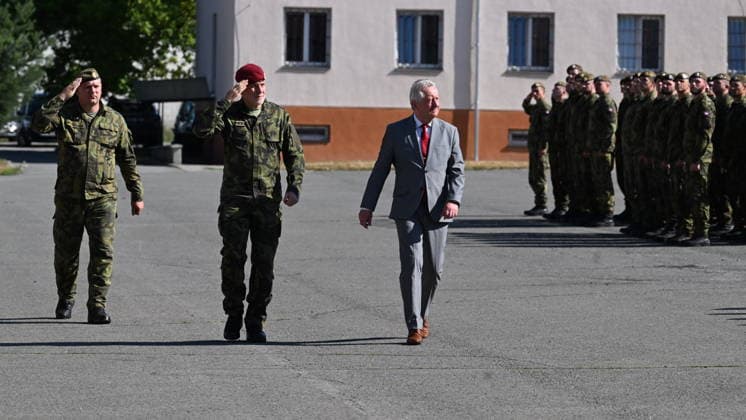 Ceremony of taking over last Leopard 2A4 tank by 73rd tank battalion took place in Praslavice, Czech Republic, on July 10, 2026. From the left: Battalion Commander Tomas Suchy, Chief of the General Staff of the Czech Armed Forces Miroslav Hlavac and Minister of Defence Jaromir Zuna (for SPD). (CTKxPhoto LudekxPerina) CTKPhotoP2026071002519  CTKPhotoP2026071002519