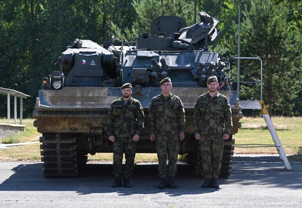 Ceremony of taking over last Leopard 2A4 tank by 73rd tank battalion took place in Praslavice, Czech Republic, on July 10, 2026. The crew at the ARV-3 Buffel recovery tank. (CTKxPhoto LudekxPerina) CTKPhotoP2026071002622  CTKPhotoP2026071002622