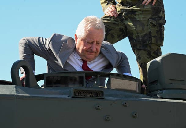 Ceremony of taking over last Leopard 2A4 tank by 73rd tank battalion took place in Praslavice, Czech Republic, on July 10, 2026. Czech Defence Minister Jaromir Zuna (for SPD) leaves the tank. (CTKxPhoto LudekxPerina) CTKPhotoP2026071002642  CTKPhotoP2026071002642