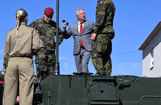 Ceremony of taking over last Leopard 2A4 tank by 73rd tank battalion took place in Praslavice, Czech Republic, on July 10, 2026. Second from the left is the Chief of the General Staff, Miroslav Hlavac, second from the right is the Minister of Defence, Jaromir Zuna (for SPD). (CTKxPhoto LudekxPerina) CTKPhotoP2026071002678  CTKPhotoP2026071002678