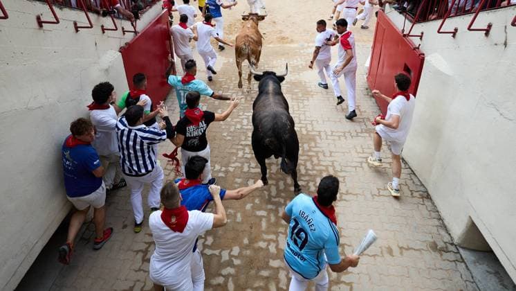 Fourth running of the bulls of San Fermin 2026 with bulls from the Álvaro Nunez ranch in the section of the alley and entrance to the square, in Pamplona on July 10, 2026. Cuarto encierro de San Fermin 2026 con toros de la ganaderia de Alvaro Nunez en el tramo del callejon y entrada a la plaza, en Pamplona a 10 de julio de 2026. Inigo Alzugaray Cordon Press Cordon Press  InigoxAlzugaray @ialzu