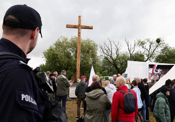 85th anniversary of the Jedwabne massacre Photo: Anita Walczewska East News, The 85th anniversary of the Jedwabne massacre, at 10 July 2026 in northeastern Poland. A tragedy took place on 1941 during the German occupation of Poland. In contrast to the official commemorations, Grzegorz Braun?s Confederation of the Polish Crown - a far-right politician who questions the role of Poles in the murder of hundreds of Jews - is organizing its own event. Pictured: a cross, erected by right-wing politicians on a plot of land adjacent to the road leading to the memorial to the murdered Jews. EN_01680706_0060 
