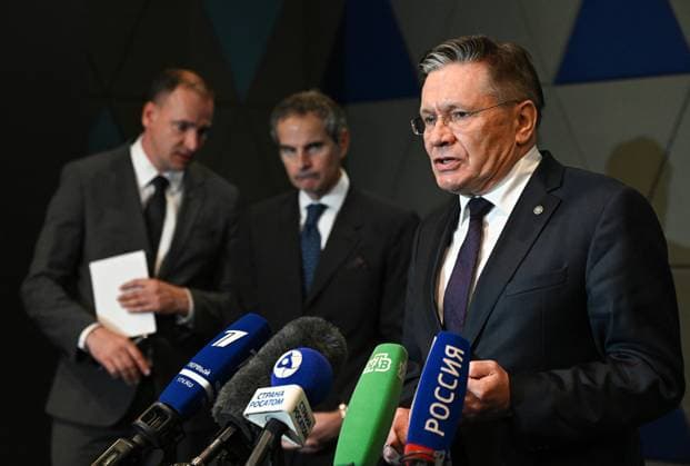 Russia IAEA 9203310 10.07.2026 Rosatom State Atomic Energy Corporation Director General Alexey Likhachev attends a joint news conference with International Atomic Energy Agency (IAEA) Director General Rafael Grossi following their meeting in Kaliningrad, Russia. Kristina Solovyova Sputnik Kaliningrad Russia  Copyright: xKristinaxSolovyovax