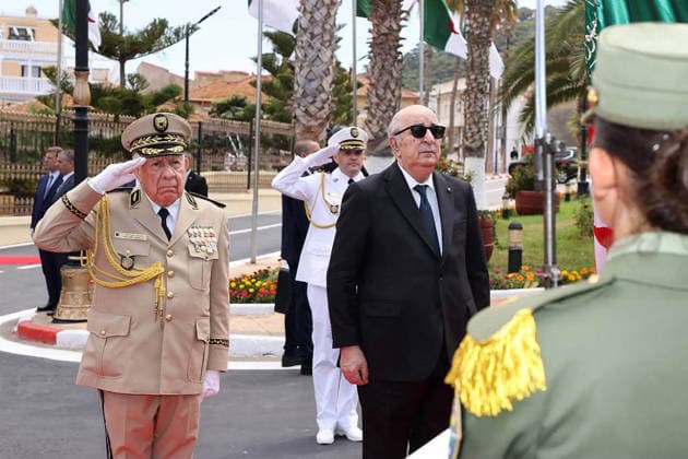RECORD DATE NOT STATED Abdelmadjid Tebboune And Said Chanegriha At Academy Graduation - Cherchell Algerian President Abdelmadjid Tebboune (C) and Algerian Defense Minister and Chief of Staff of the Algerian People s National Army (ANP), General Said Chanegriha (L), attend the 2026 graduation ceremony at the Houari-Boumediene Military Academy in Cherchell, Algeria on July 9, 2026, named after the late President Liamine Zeroual. Photo by Presidence Algreienne via APP ABACAPRESS.COM Cherchell Algeria  Copyright: xAPP ABACAx