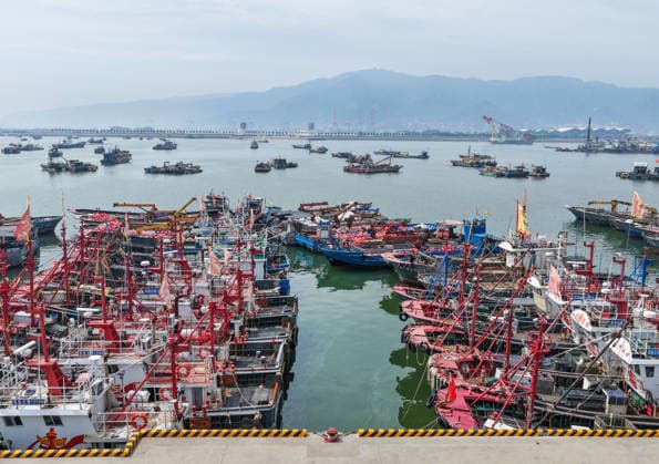 (260710) -- BEIJING, July 10, 2026 -- An aerial drone photo taken on July 10, 2026 shows vessels mooring at a wharf in response to the incoming typhoon in Lianyungang, east China s Jiangsu Province. China s national observatory on Friday renewed an orange alert for Typhoon Bavi, the ninth typhoon of 2026, which is expected to bring gales and heavy rain to eastern China. Affected regions are on high alert, with all prevention and response measures fully implemented to safeguard people s lives and property. (Photo by Xinhua) CHINA-TYPHOON BAVI-PREVENTION (CN) WangxJianmin 