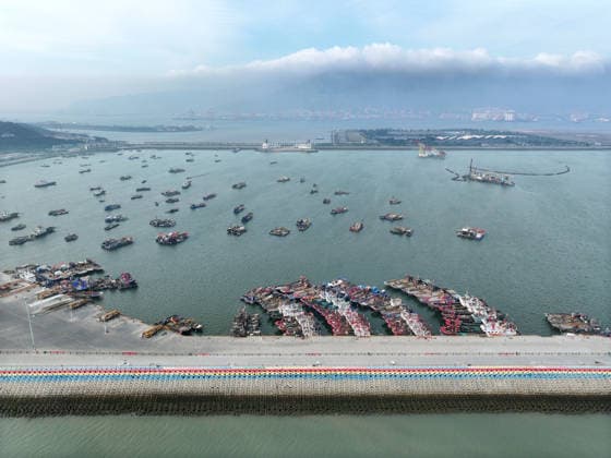(260710) -- BEIJING, July 10, 2026 -- An aerial drone photo taken on July 10, 2026 shows vessels mooring at a port in response to the incoming typhoon in Lianyungang, east China s Jiangsu Province. China s national observatory on Friday renewed an orange alert for Typhoon Bavi, the ninth typhoon of 2026, which is expected to bring gales and heavy rain to eastern China. Affected regions are on high alert, with all prevention and response measures fully implemented to safeguard people s lives and property. (Photo by Xinhua) CHINA-TYPHOON BAVI-PREVENTION (CN) WangxChun 