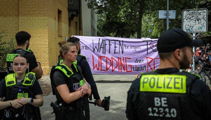 July 10, 2026, Berlin, Berlin, Germany: BERLIN, GERMANY - JULY 10, 2026: Pro-Palestinian and anti-war activists demonstrate outside a Rheinmetall facility in BerlinÃ¢â‚¬â ¢s Wedding district, protesting the German arms manufacturerÃ¢â‚¬â ¢s weapons production, arms exports and military support for Israel. Berlin Germany  - ZUMAa268 20260710_zip_a268_001 Copyright: xAbdelrahmanxAlkahloutx