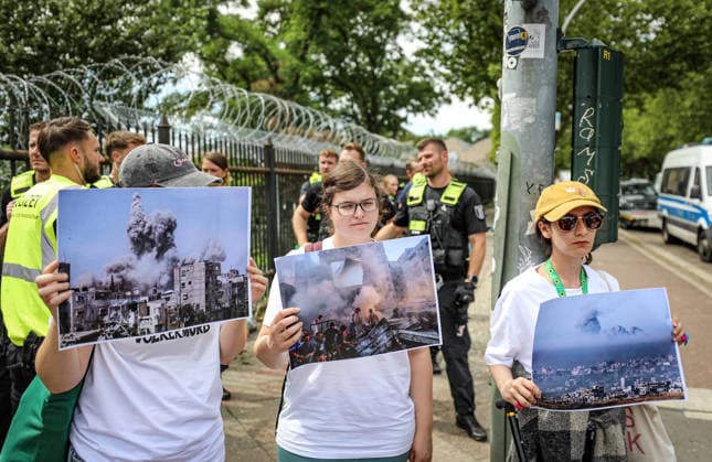July 10, 2026, Berlin, Berlin, Germany: BERLIN, GERMANY - JULY 10, 2026: Pro-Palestinian and anti-war activists demonstrate outside a Rheinmetall facility in BerlinÃ¢â‚¬â ¢s Wedding district, protesting the German arms manufacturerÃ¢â‚¬â ¢s weapons production, arms exports and military support for Israel. Berlin Germany  - ZUMAa268 20260710_zip_a268_008 Copyright: xAbdelrahmanxAlkahloutx