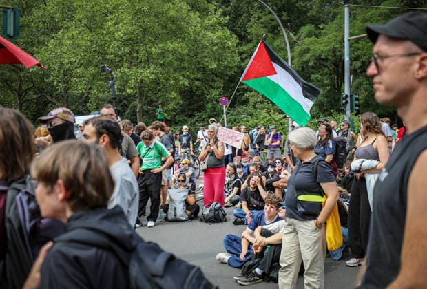 July 10, 2026, Berlin, Berlin, Germany: BERLIN, GERMANY - JULY 10, 2026: Pro-Palestinian and anti-war activists demonstrate outside a Rheinmetall facility in BerlinÃ¢â‚¬â ¢s Wedding district, protesting the German arms manufacturerÃ¢â‚¬â ¢s weapons production, arms exports and military support for Israel. Berlin Germany  - ZUMAa268 20260710_zip_a268_012 Copyright: xAbdelrahmanxAlkahloutx
