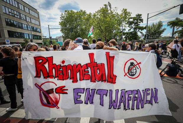July 10, 2026, Berlin, Berlin, Germany: BERLIN, GERMANY - JULY 10, 2026: Pro-Palestinian and anti-war activists demonstrate outside a Rheinmetall facility in BerlinÃ¢â‚¬â ¢s Wedding district, protesting the German arms manufacturerÃ¢â‚¬â ¢s weapons production, arms exports and military support for Israel. Berlin Germany  - ZUMAa268 20260710_zip_a268_013 Copyright: xAbdelrahmanxAlkahloutx