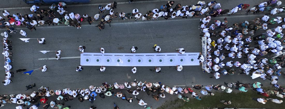 Peace March participants arrive in Potocari to honor Srebrenica genocide victims SREBRENICA, BOSNIA AND HERZEGOVINA - JULY 10: More than 6,300 participants in the Peace March arrive at the Srebrenica Memorial Center in Potocari after a three-day, 100-kilometer hike to attend the commemoration marking the 31st anniversary of the 1995 Srebrenica genocide in Srebrenica, Bosnia and Herzegovina, on July 10, 2026. Participants retraced the route taken by Bosniaks fleeing Srebrenica in July 1995 in an attempt to reach the free territories of Tuzla or Kladanj. The march brought together young people and participants from around the world to honor the victims of the genocide and reaffirm the commitment that such atrocities should never happen again.  Copyright: x2026xAnadoluxSamirxJordamovicx