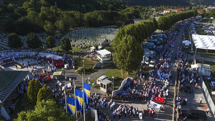 Peace March participants arrive in Potocari to honor Srebrenica genocide victims SREBRENICA, BOSNIA AND HERZEGOVINA - JULY 10: More than 6,300 participants in the Peace March arrive at the Srebrenica Memorial Center in Potocari after a three-day, 100-kilometer hike to attend the commemoration marking the 31st anniversary of the 1995 Srebrenica genocide in Srebrenica, Bosnia and Herzegovina, on July 10, 2026. Participants retraced the route taken by Bosniaks fleeing Srebrenica in July 1995 in an attempt to reach the free territories of Tuzla or Kladanj. The march brought together young people and participants from around the world to honor the victims of the genocide and reaffirm the commitment that such atrocities should never happen again.  Copyright: x2026xAnadoluxSamirxJordamovicx