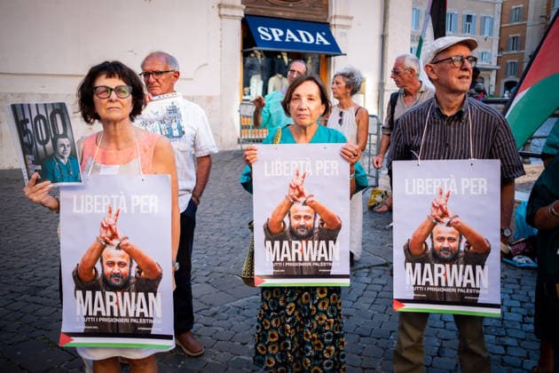 July 10, 2026, Rome, Rm, Italy: Activists from the group Health Workers for Gaza are holding a rally in front of Montecitorio, the Chamber of Deputies, to demand the release of Dr. Hussam Abu Safiya and all other Palestinian prisoners. Participants display a picture of Palestinian prisoner Marwan Barghouti. Rome Italy - ZUMAg256 20260710_znp_g256_001 Copyright: xMarcoxDixGianvitox