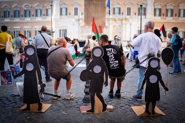 July 10, 2026, Rome, Rm, Italy: Activists from the group Health Workers for Gaza are holding a rally in front of Montecitorio, the Chamber of Deputies, to demand the release of Dr. Hussam Abu Safiya and all other Palestinian prisoners. Silhouettes of children are shown to remember the high number of children victims of the conflict. Rome Italy - ZUMAg256 20260710_znp_g256_006 Copyright: xMarcoxDixGianvitox