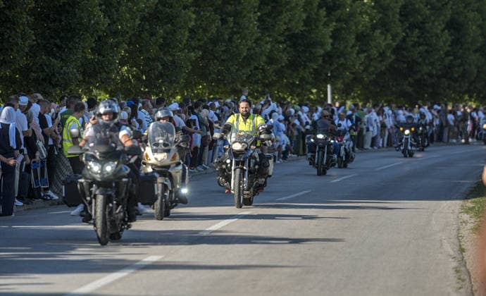 Peace March participants arrive in Potocari to honor Srebrenica genocide victims SREBRENICA, BOSNIA AND HERZEGOVINA - JULY 10: Hundreds of motorcyclists from various countries arrive at the Potocari Memorial Center after departing from Sarajevo to participate in the upcoming 31st anniversary commemoration ceremonies for the 1995 Srebrenica genocide in Srebrenica, Bosnia and Herzegovina, on July 10, 2026. Samir Jordamovic Anadolu Srebrenica Bosnia and Herzegovina. Editorial use only. Please get in touch for any other usage.  Copyright: x2026xAnadoluxSamirxJordamovicx